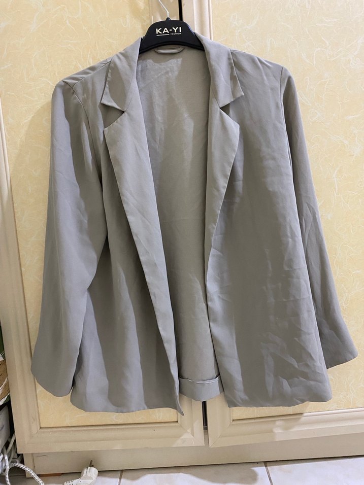 Gri Kadın Keten Ceket Düğmeli - Görsel 2