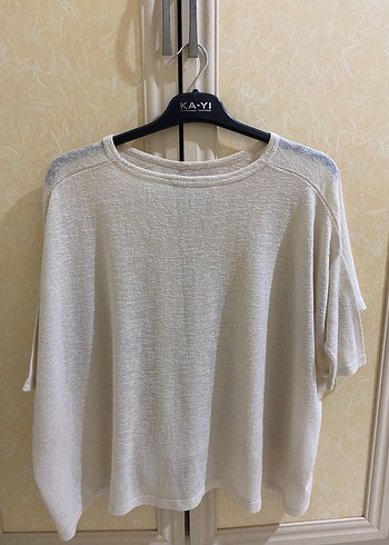 Kadın Beyaz Keten Kısa Kollu Salaş Kazak - Görsel 3