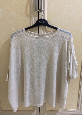 Kadın Beyaz Keten Kısa Kollu Salaş Kazak - Görsel 2