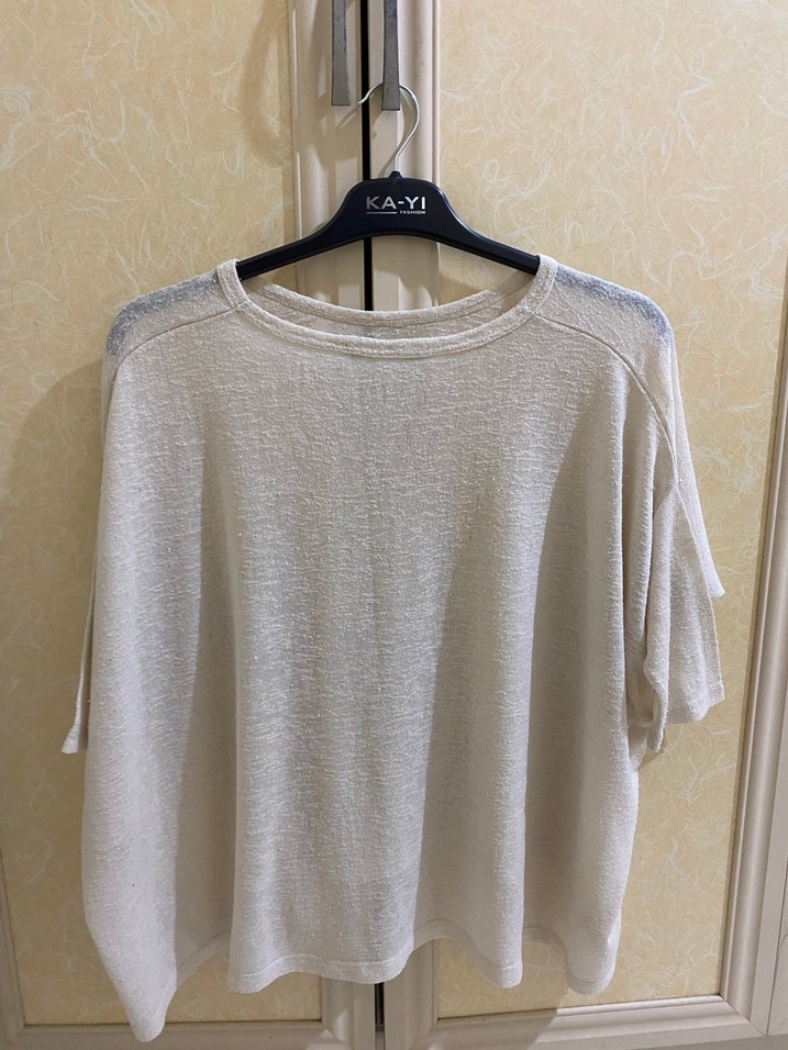 Kadın Beyaz Keten Kısa Kollu Salaş Kazak - Görsel 3