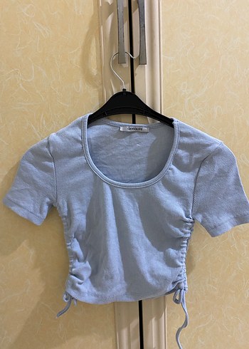 Mavi Kısa Kollu Keten Mini Tişört - Görsel 3