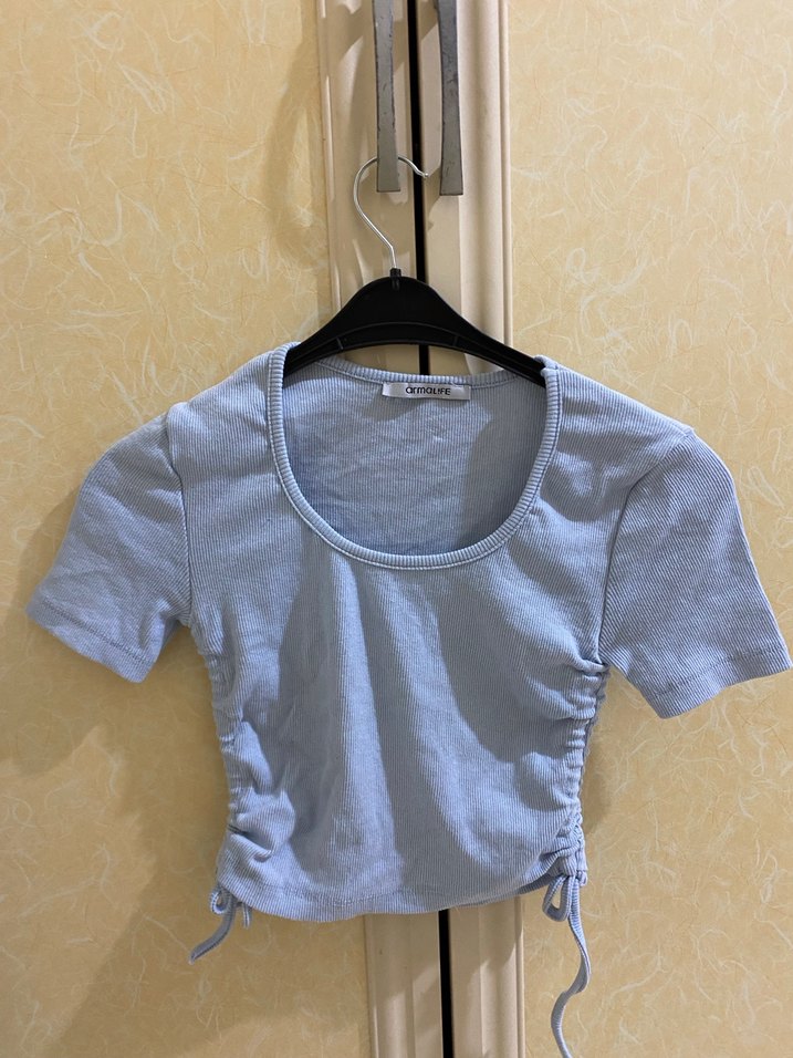 Mavi Kısa Kollu Keten Mini Tişört - Görsel 3