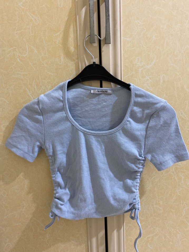 Mavi Kısa Kollu Keten Mini Tişört - Görsel 2