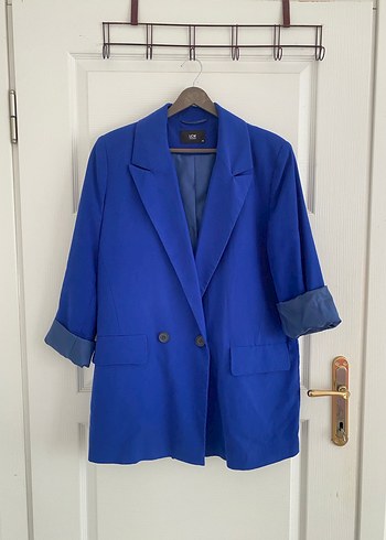 Kadın Mavi Düğmeli Midi Blazer Ceket
