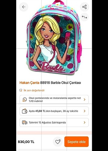  Beden Barbie okul çantası