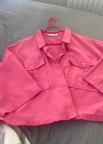 Pembe Kısa Kollu crop Kadın Gömlek