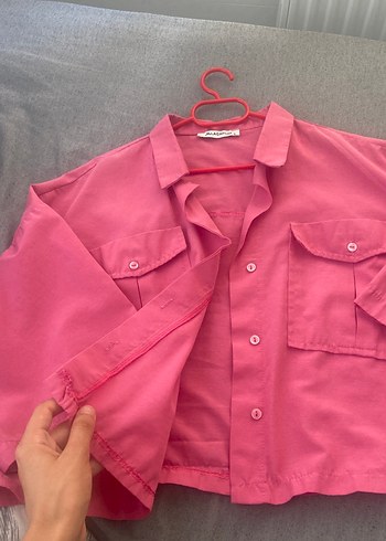 Pembe Kısa Kollu crop Kadın Gömlek - Görsel 2
