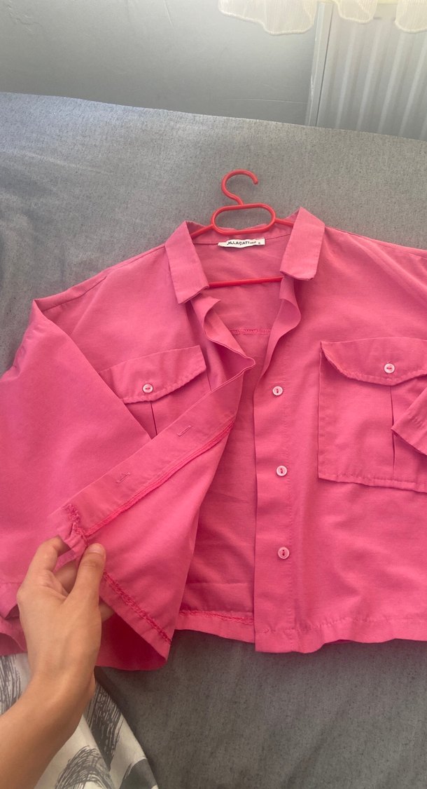 Pembe Kısa Kollu crop Kadın Gömlek - Görsel 2