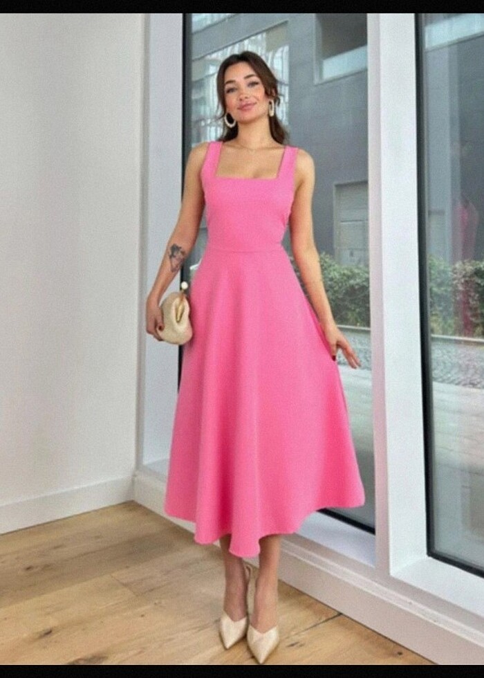 Pembe kalın askılı elbise - Görsel 3