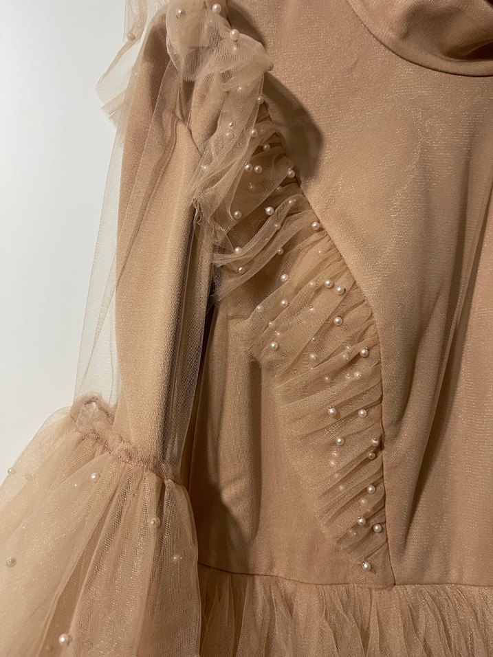 Bej Uzun Kollu Abiye Elbise - Görsel 3