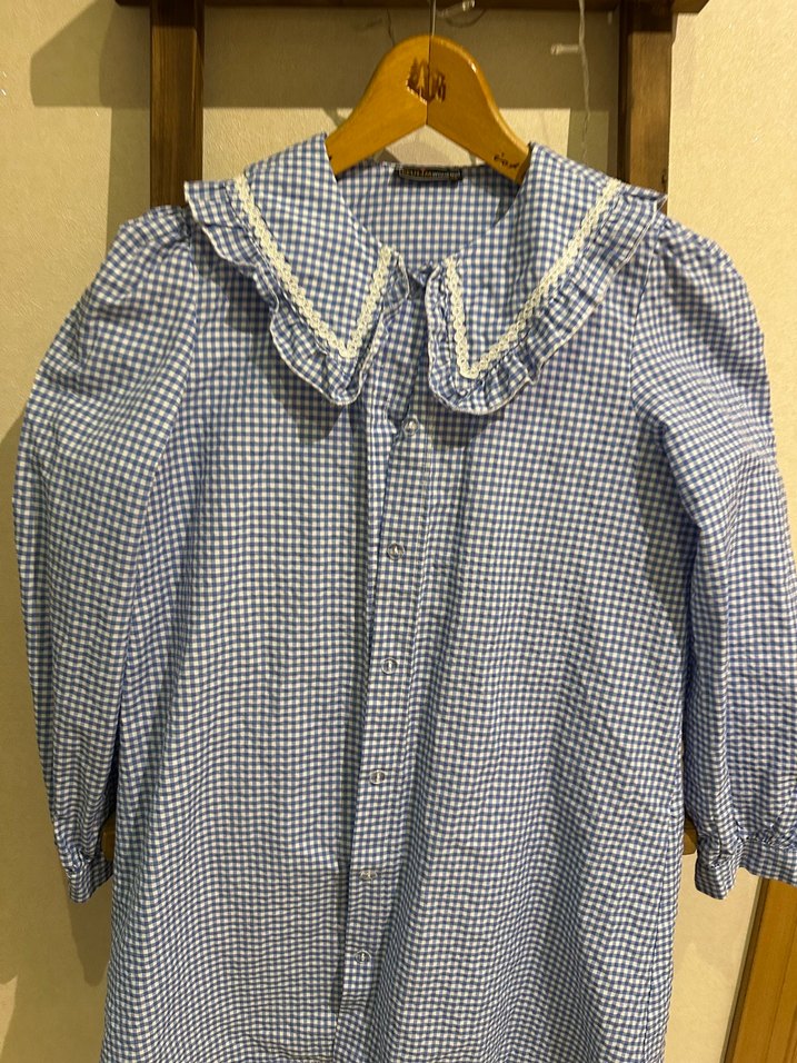 Mavi Ekose Fırfırlı Pamuklu Kadın Gömlek - Görsel 2