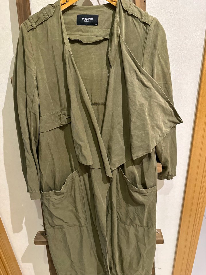 Kadın Haki Keten Salaş Uzun Trençkot - Görsel 3