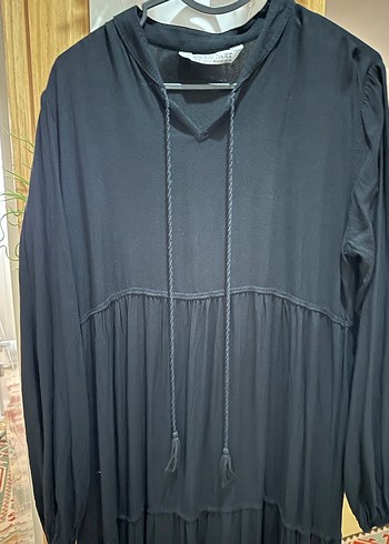 Siyah V Yaka Uzun pamuklu Elbise - Görsel 2