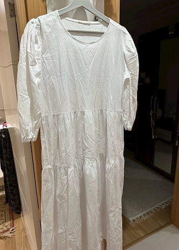 Kadın Beyaz Uzun Keten Elbise - Görsel 3