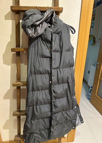 Düğmeli Uzun Gri Kadın Yelek - Görsel 2