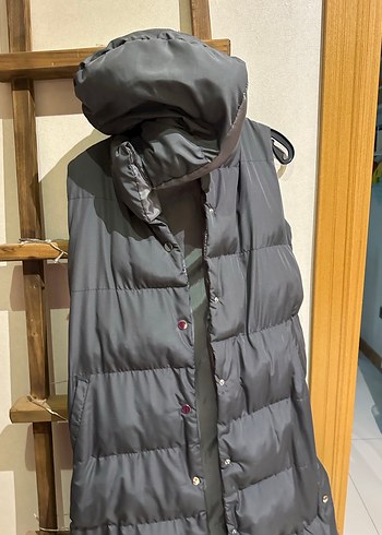 Düğmeli Uzun Gri Kadın Yelek - Görsel 3