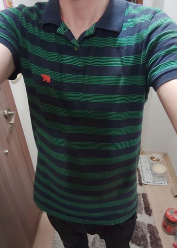 m Beden Erkek Yeşil Çizgili Polo Tişört bad bear