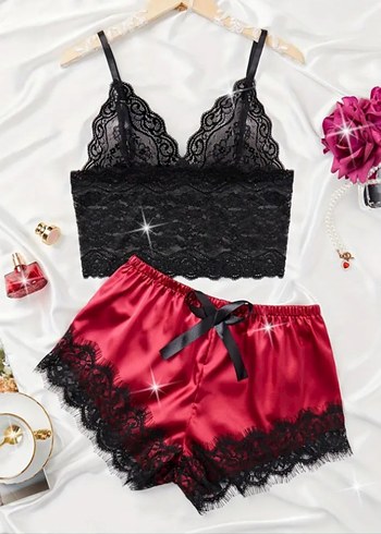 Kırmızı Siyah Dantelli Mini Saten Kadın Pijama Takımı