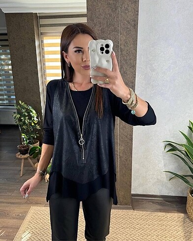 diğer Beden Fermuarlı deri yelekli takım
