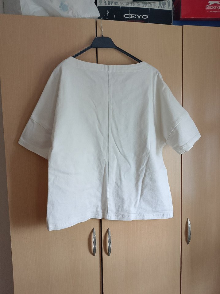 Beyaz Keten Kısa Kollu Basic Tişört - Görsel 2