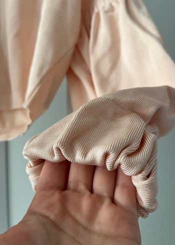 Bej Keten Kadın Bluz, Uzun Kollu, Fırfırlı - Görsel 5