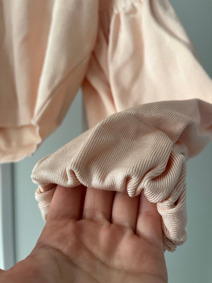 Bej Keten Kadın Bluz, Uzun Kollu, Fırfırlı - Görsel 5