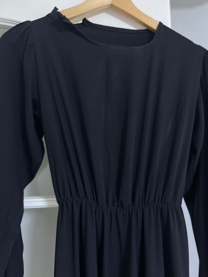 Drapeli Siyah Uzun Kollu Uzun Elbise - Görsel 3