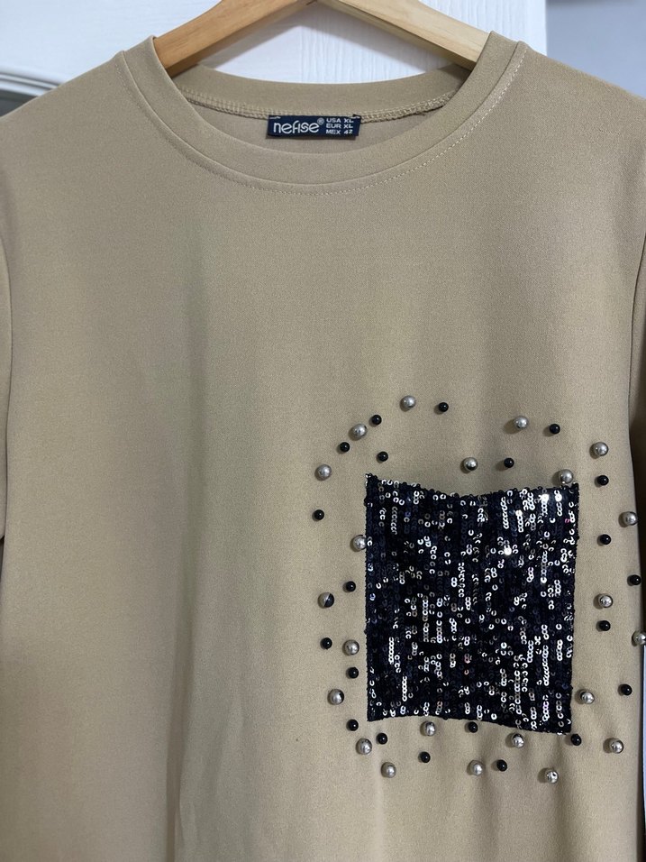 Boncuk Detaylı Bej Uzun Kollu Tunik - Görsel 3