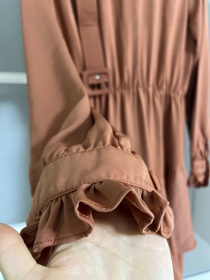 Kadın Kemerli Uzun Kahverengi Elbise - Görsel 4