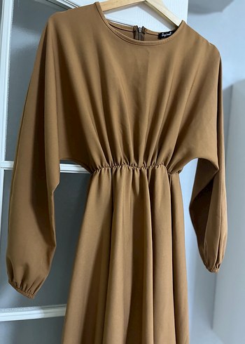 Kahverengi Uzun Kollu Drapeli Kadın Elbise - Görsel 3