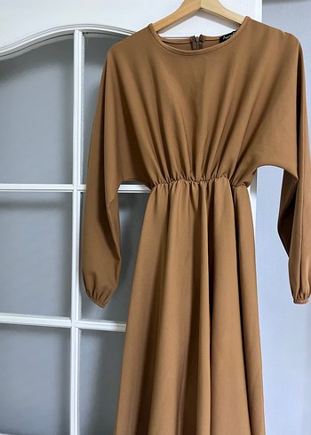 Kahverengi Uzun Kollu Drapeli Kadın Elbise - Görsel 2