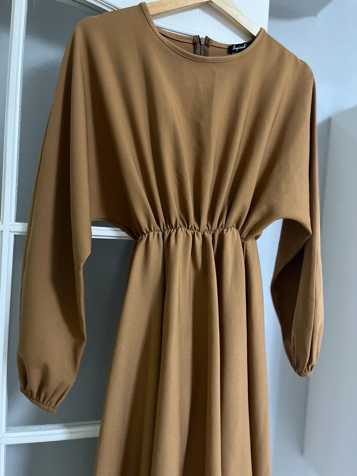 Kahverengi Uzun Kollu Drapeli Kadın Elbise - Görsel 3