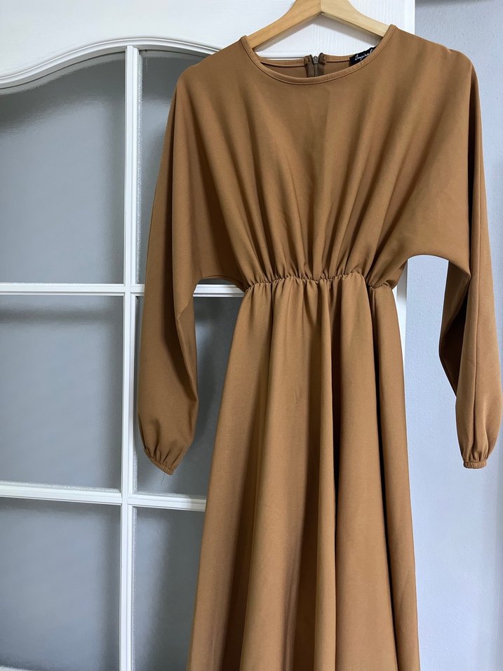 Kahverengi Uzun Kollu Drapeli Kadın Elbise - Görsel 2
