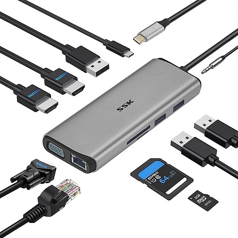 SSK 11 in 1 arada USB C HUB (Çift) HDMI 4K, VGA, PD 3.0, SD/TF/ 