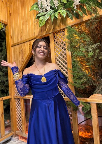 Straplez Mavi Uzun Bohem Kadın Abiye - Görsel 6