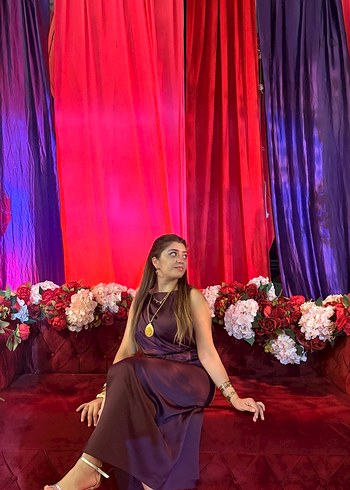 Mor Drapeli Uzun Askılı Kadın Elbise - Görsel 7