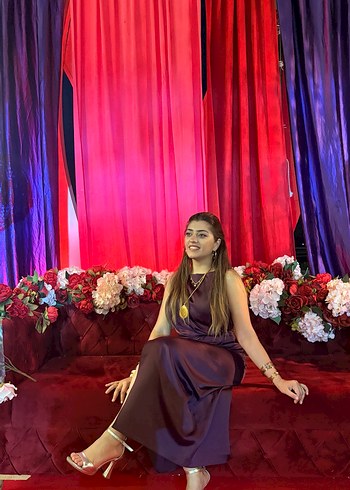 Mor Drapeli Uzun Askılı Kadın Elbise - Görsel 8