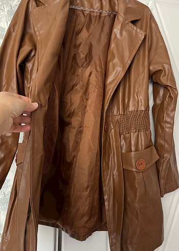 Kemerli Kahverengi Deri Kadın Ceket - Görsel 3