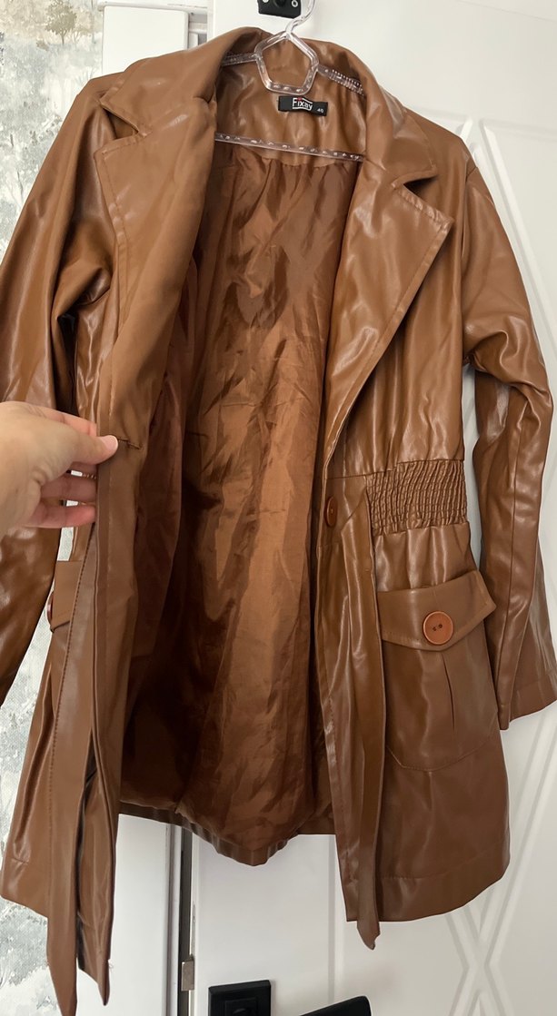 Kemerli Kahverengi Deri Kadın Ceket - Görsel 3