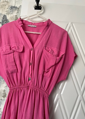 Pembe V Yaka Uzun Hamile Elbisesi - Görsel 3