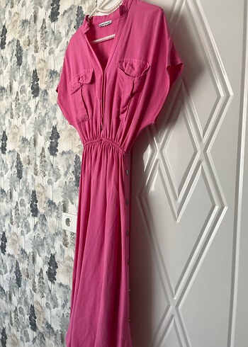 Pembe V Yaka Uzun Hamile Elbisesi - Görsel 2