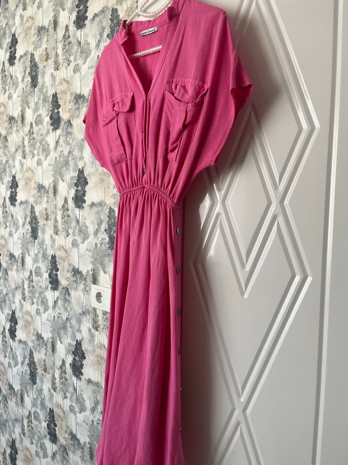 Pembe V Yaka Uzun Hamile Elbisesi - Görsel 2