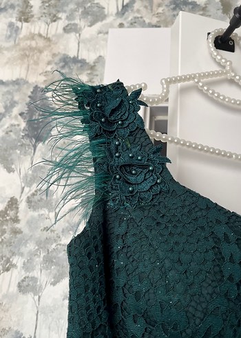 Dantel Detaylı Koyu Yeşil Uzun Abiye Elbise - Görsel 7