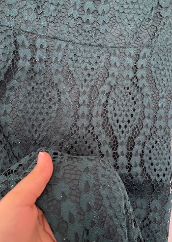 Dantel Detaylı Koyu Yeşil Uzun Abiye Elbise - Görsel 4