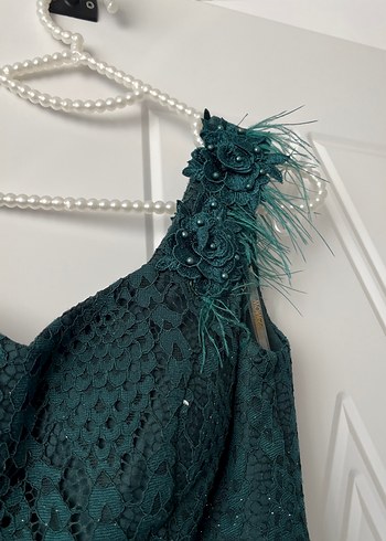 Dantel Detaylı Koyu Yeşil Uzun Abiye Elbise - Görsel 8