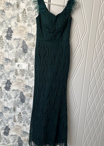 Dantel Detaylı Koyu Yeşil Uzun Abiye Elbise - Görsel 10