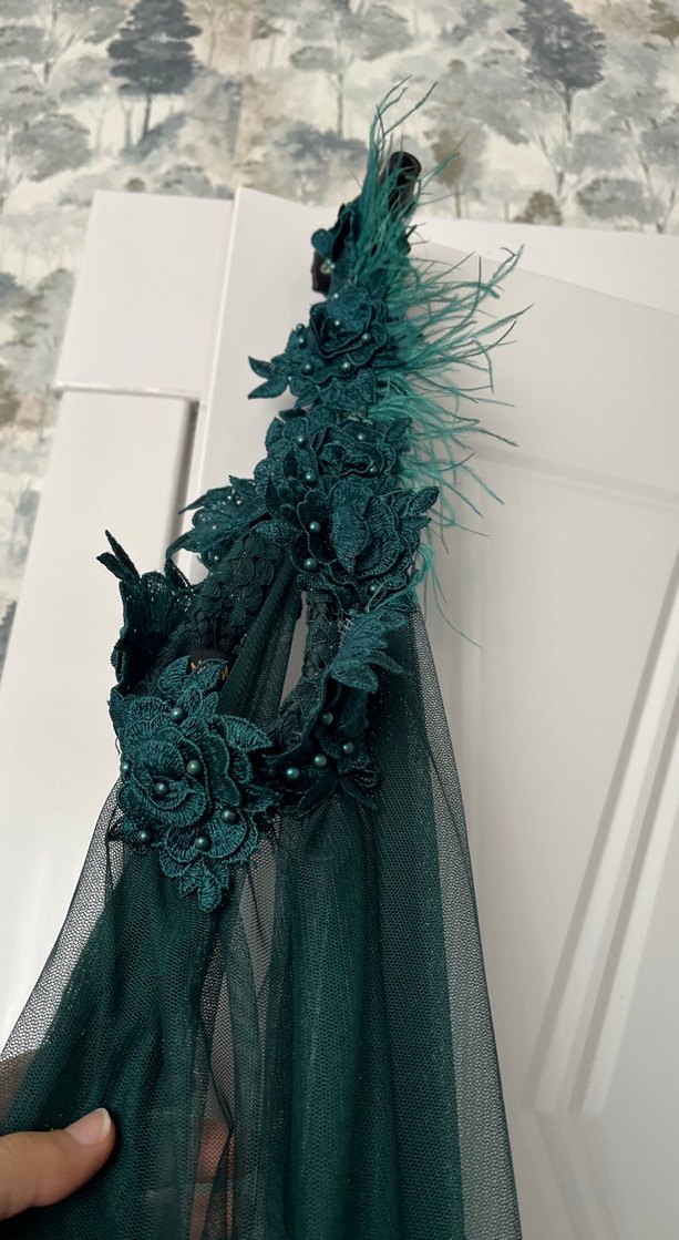 Dantel Detaylı Koyu Yeşil Uzun Abiye Elbise - Görsel 5