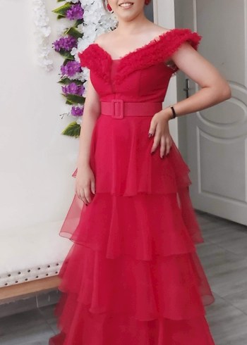 Kırmızı Straplez Fırfırlı Uzun Abiye Elbise - Görsel 3