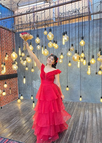 Kırmızı Straplez Fırfırlı Uzun Abiye Elbise - Görsel 6