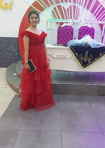 Kırmızı Straplez Fırfırlı Uzun Abiye Elbise - Görsel 5